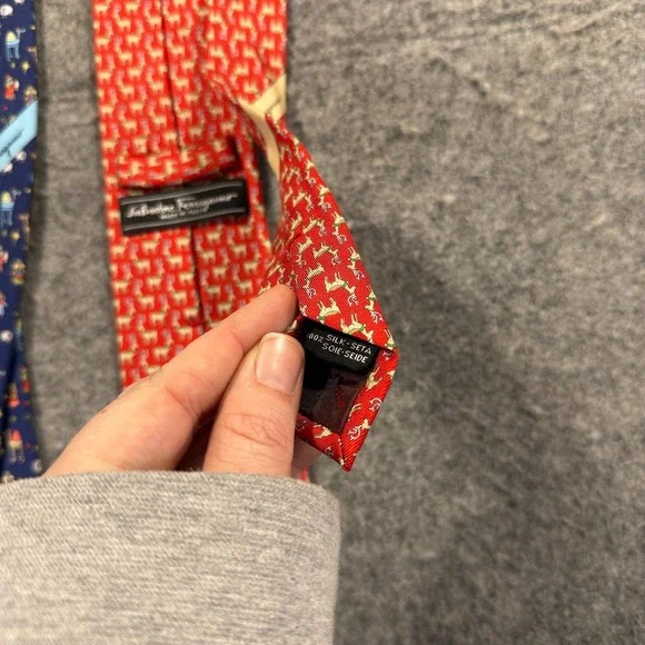 Salvatore Ferragamo Silk Ties Mens Lot 2 Red Reindeer Nativity Christmas Italy